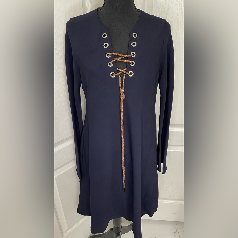 Sportmax Max Mara A line dress size US 12 navy bell sleeves 70s vintage